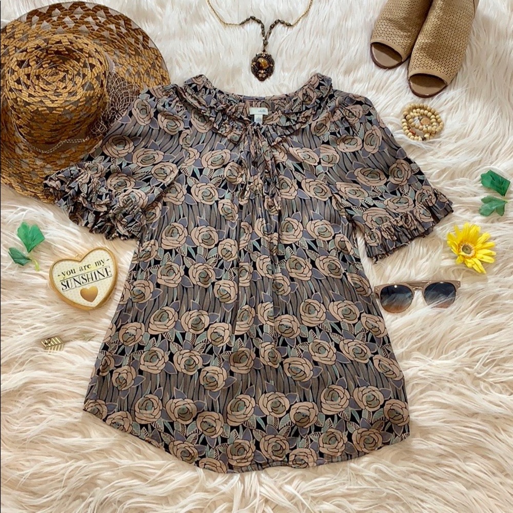 Anthropologie Floral Peasant Blouse in Black and Tan